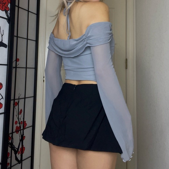 Grey Gray Off-The-Shoulder Cropped Lettuce-Hem Sheer Long-Sleeve Crop Top Blouse - Picture 5 of 5